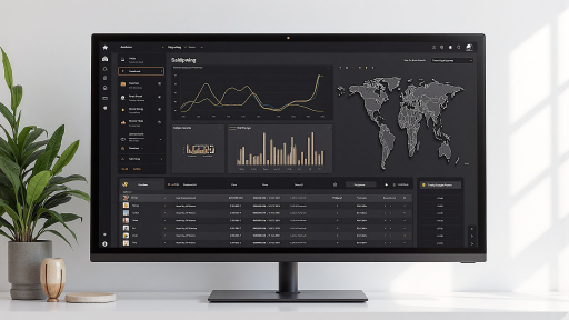 数据仪表板界面截图,显示各种图表和数据可视化组件,深色主题,专业风格
